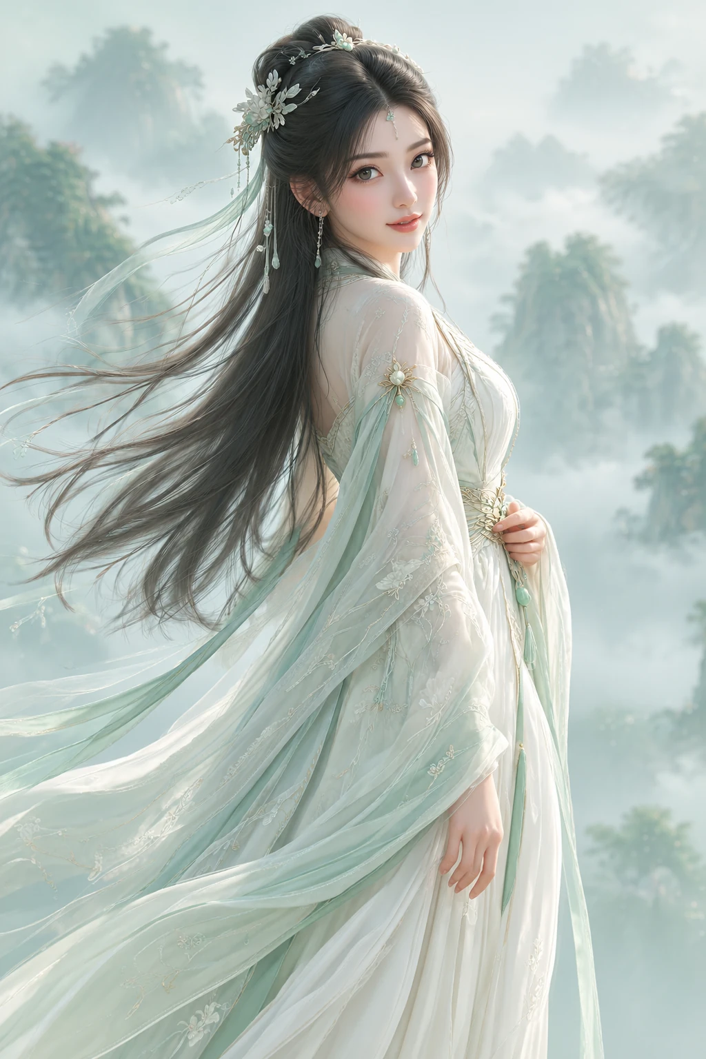 白青仙衣的成年女子侧身回眸，长发与衣袖迎风，身后是云雾山峦